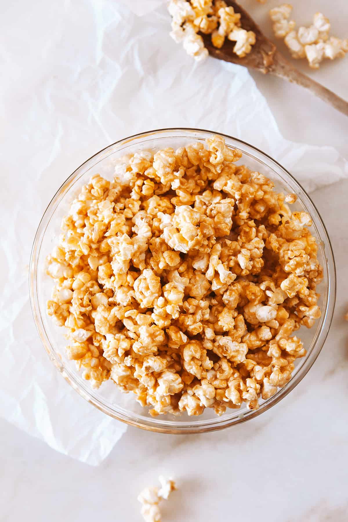 Overhead of Peanut Butter Popcorn in a bowl