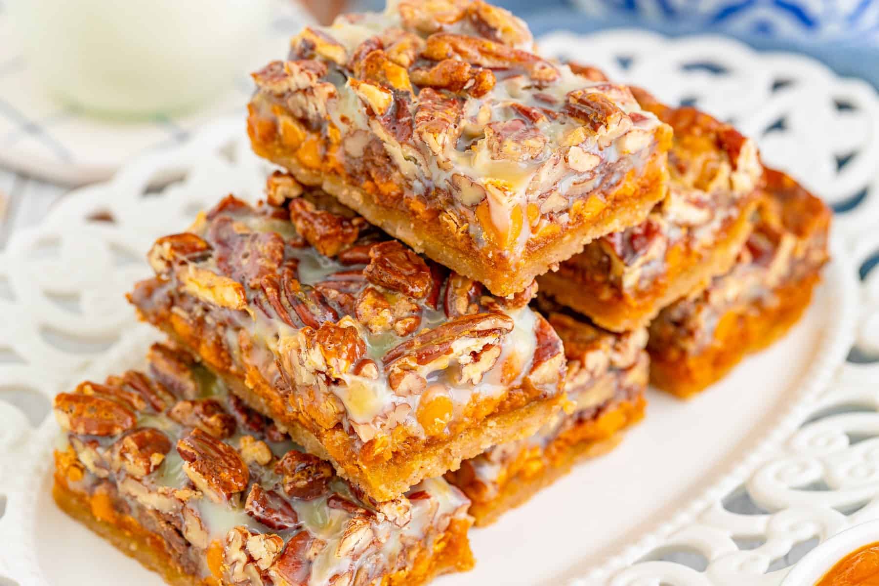 Horizontal platter with pumpkin bars stacked on it,