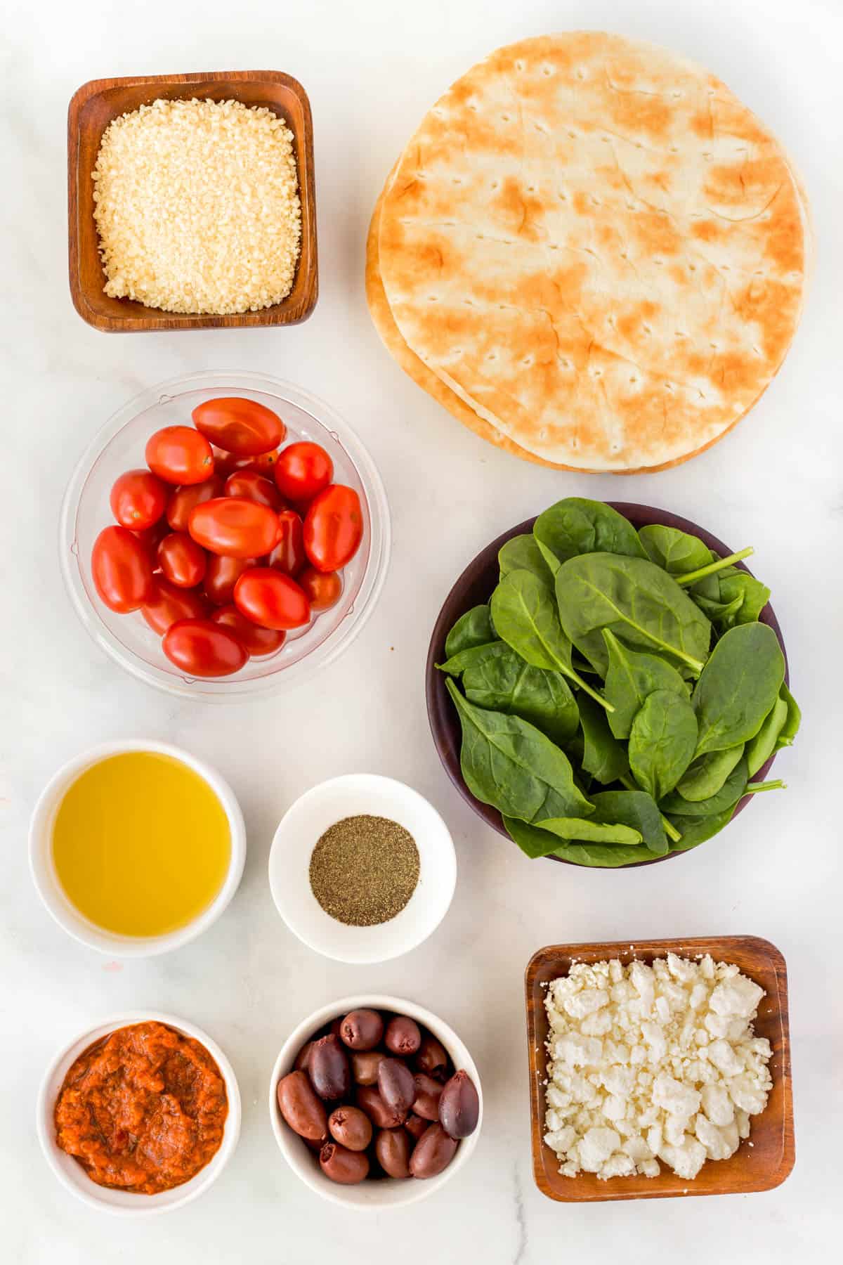 Ingredients for Sheet Pan Greek Pita Pizza