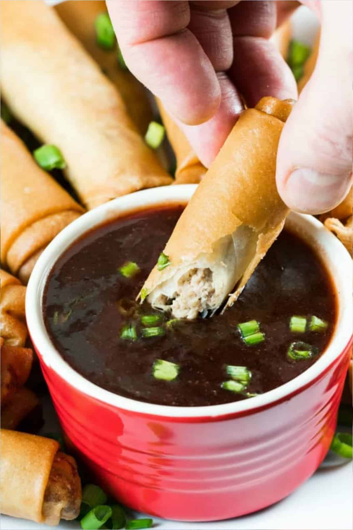 Turkey spring roll being dipped in cranberry dipping sauce