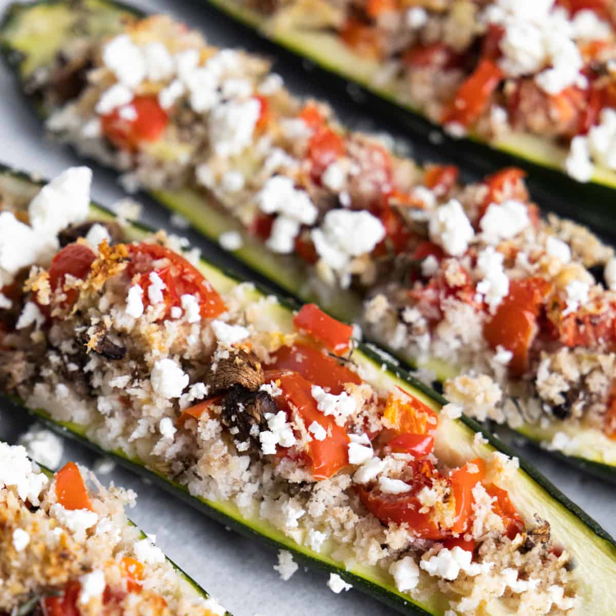 Vegetarian Stuffed Zucchini lined up. 