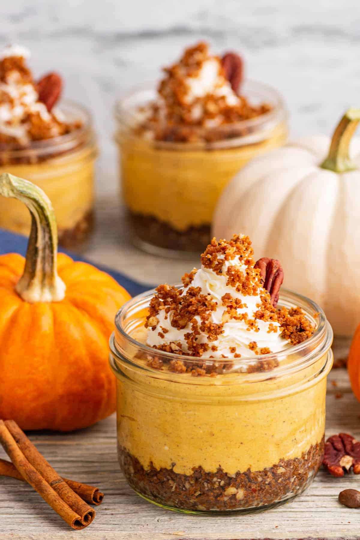 Three individually sized Pumpkin Delight desserts topped with gingersnap crumbs and pecans sit amongst decorative pumpkins.