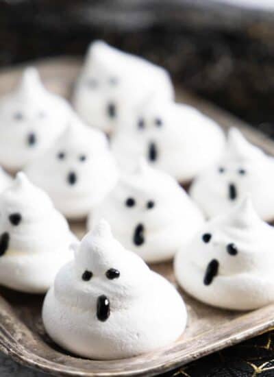 Meringue Ghosts on a silver tray.