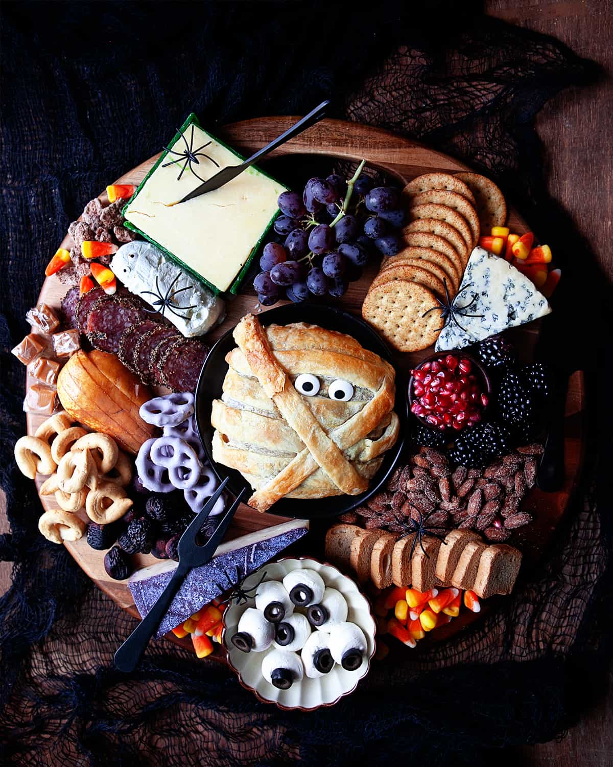 Overhead shot of a Halloween Cheese Board. 