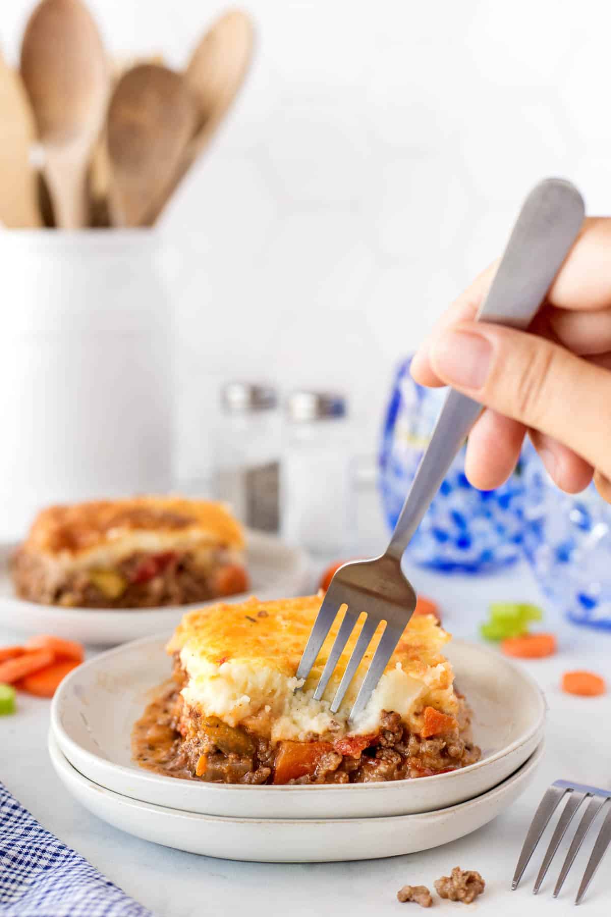 Taking a forkful of cottage pie
