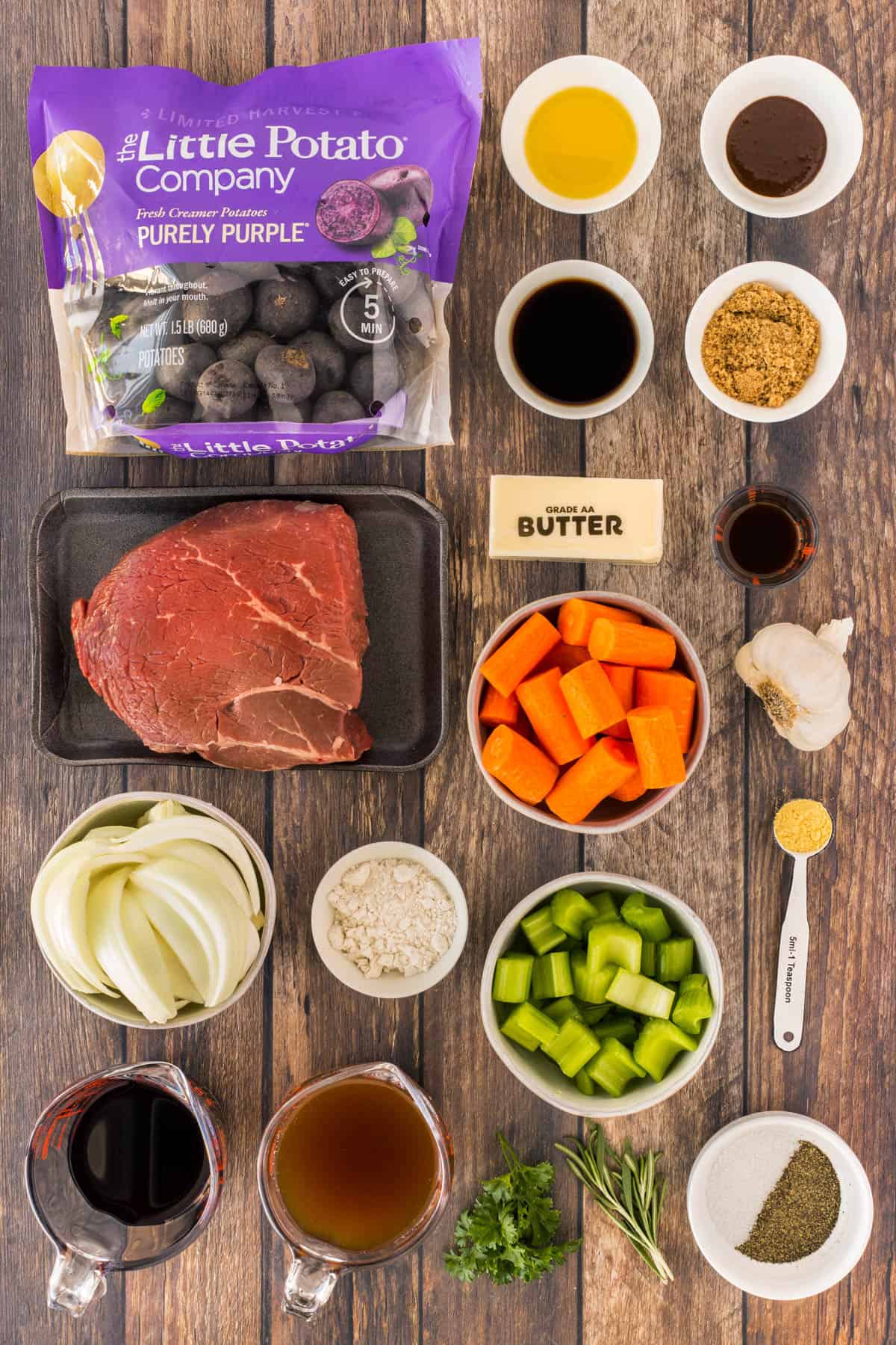 Ingredients for slow cooker roast beef with potatoes and carrots. 