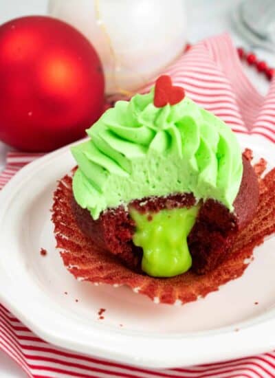 Grinch cupcake cut open to see an ooey gooey green inside.
