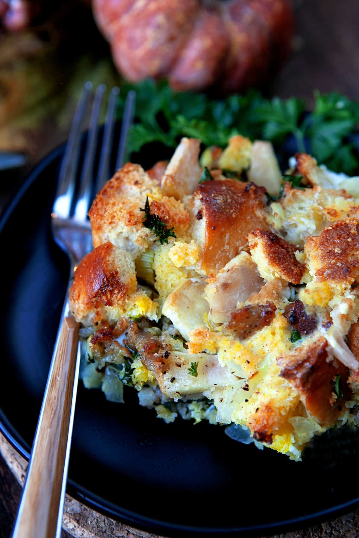 Old-Fashioned Cornbread Dressing on a plate. 