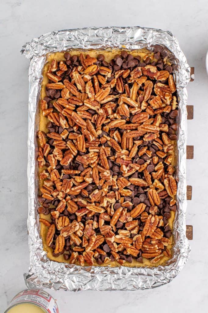 Pecans on top of chocolate layer