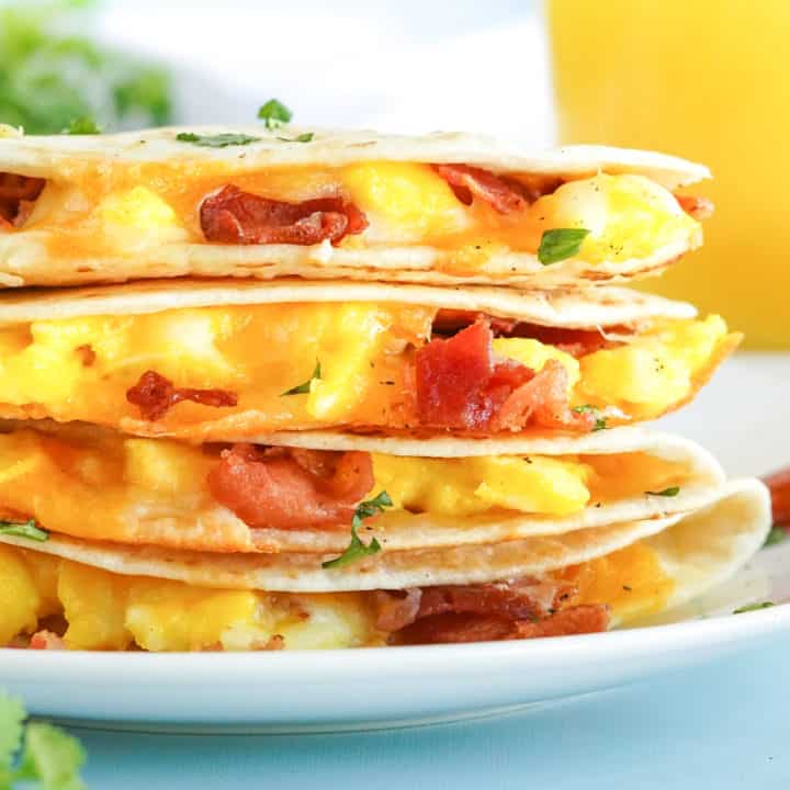 Stacked easy breakfast quesdilla on a plate