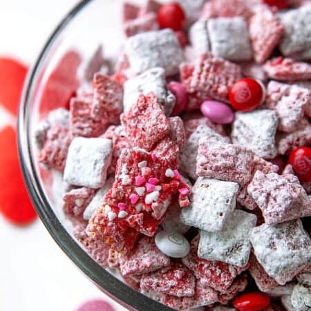 Valentine's Day Puppy Chow in a bowl.