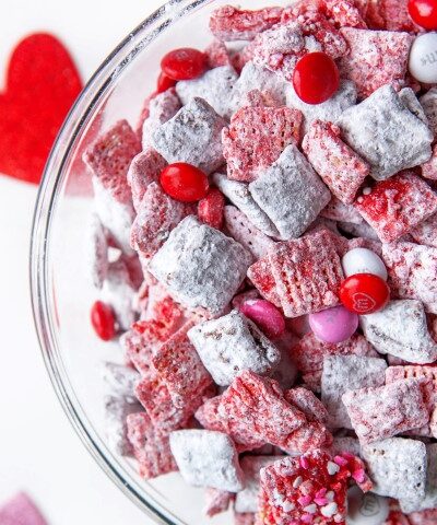 Valentine's Day Puppy Chow in a bowl shot overhead