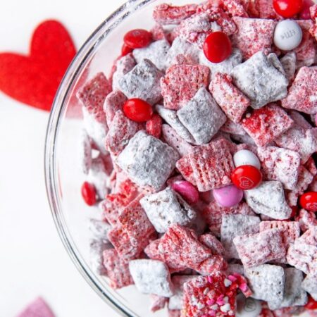 Valentine's Day Puppy Chow in a bowl shot overhead