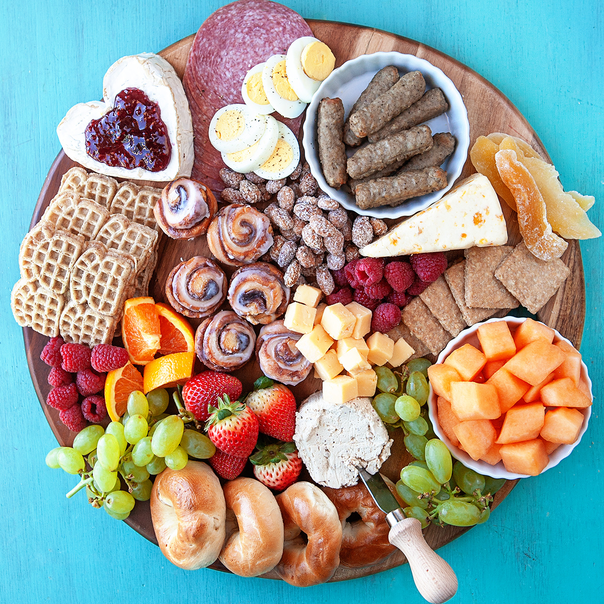 Breakfast Charcuterie Board, square photo, overhead shot. 