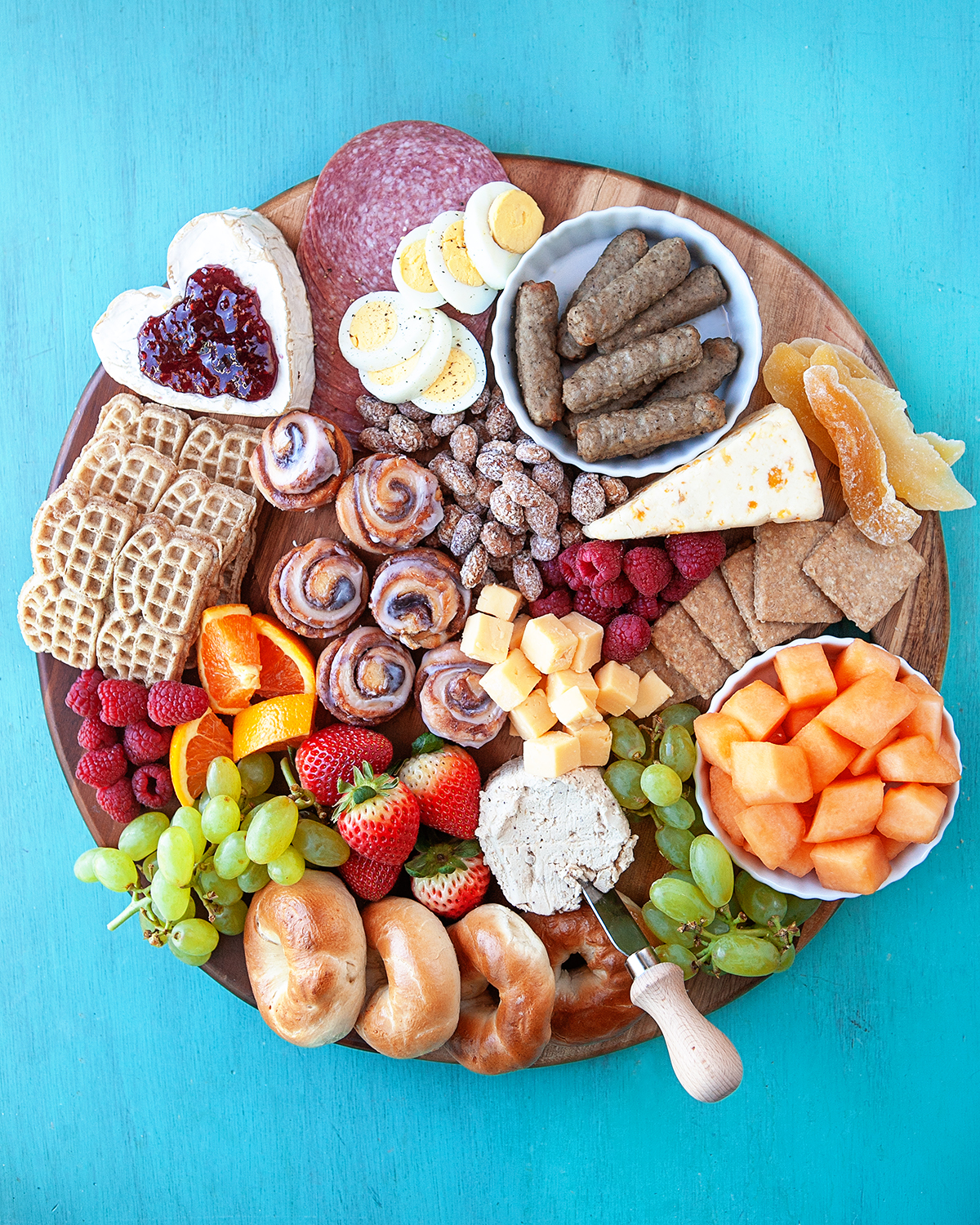 Overhead of the complete Breakfast Charcuterie Board. 