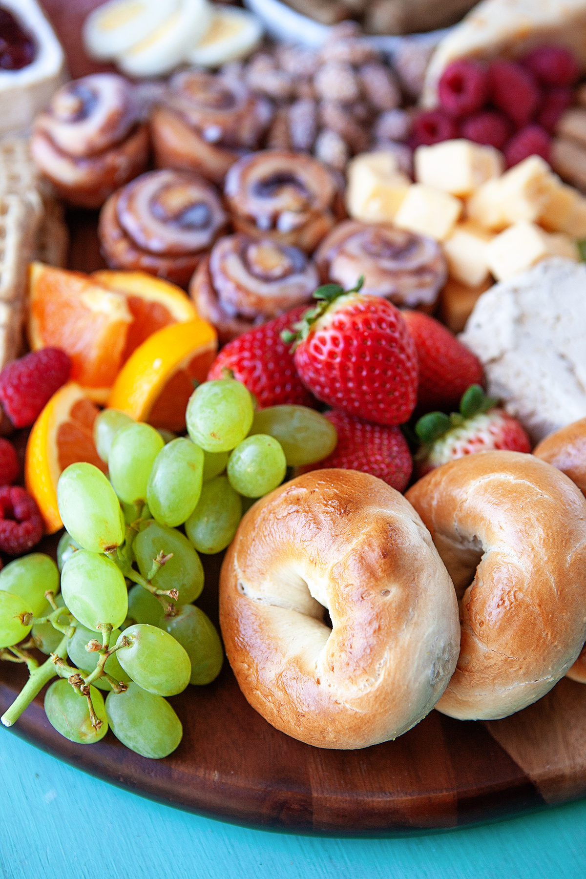 Front view of a breakfast charcuterie board. 