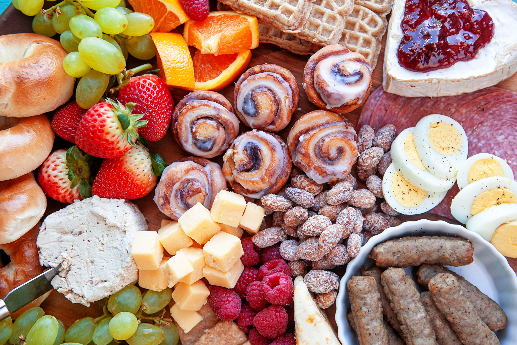 Breakfast charcuterie board, overhead close-up shot. 