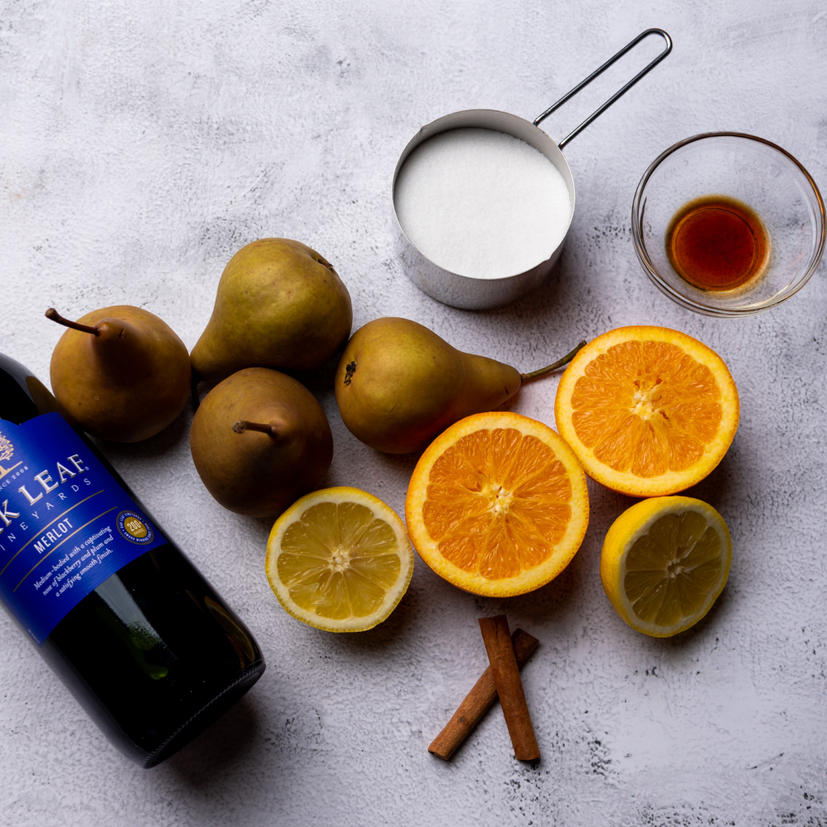 Ingredients for red wine poached pears. 