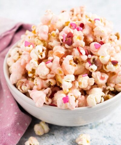 Valentine's Day Pink Popcorn in a bowl
