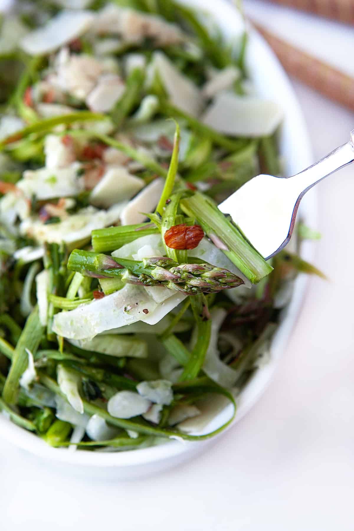 Fennel Asparagus Salad on a fork.