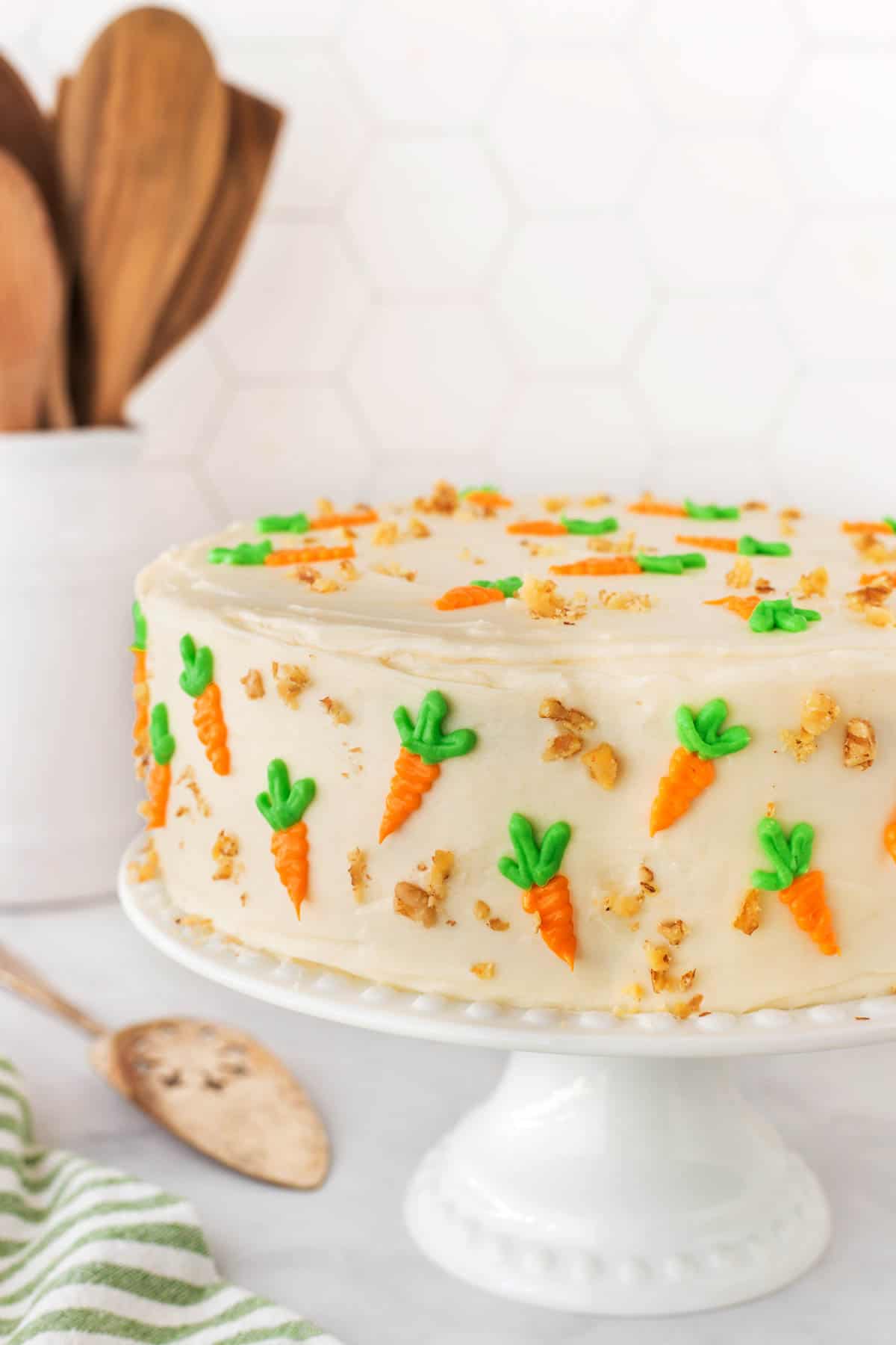 Finished Best Carrot Cake Recipe on a cake stand