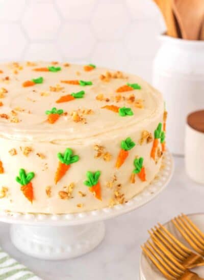 Finished Carrot Cake on a cake stand.