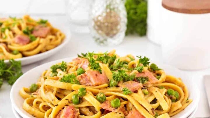 Ham and Pea Pasta on a plate.