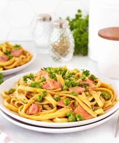Ham and Pea Pasta on a plate