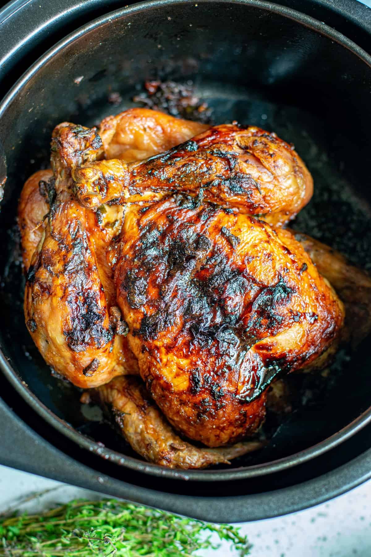 Whole Air Fryer Chicken in the pan. 