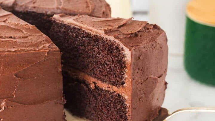 Taking a slice of chocolate cake.