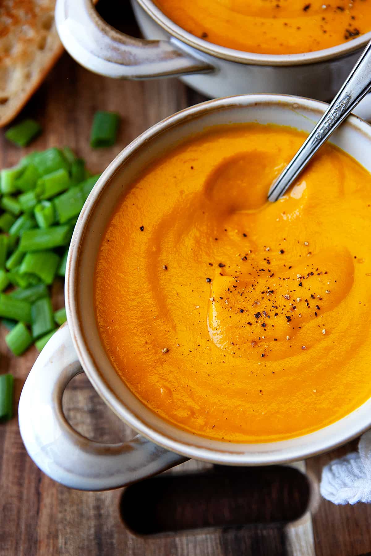 Overhead bowl of soup with a spoon