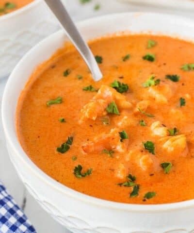 Lobster Bisque in a bowl with a spoon