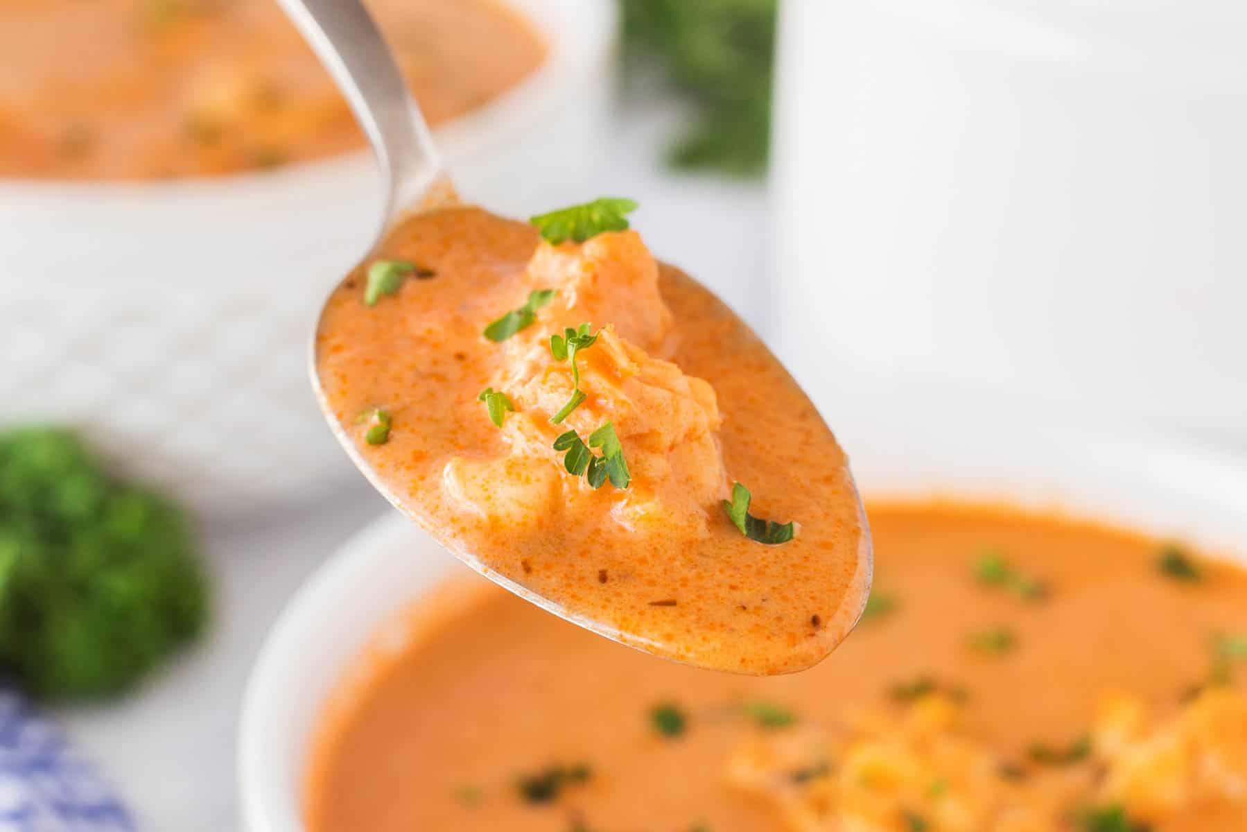 Horizontal close-up of a spoonful of lobster bisque. 