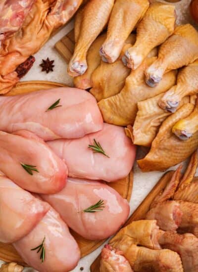 Fresh chicken platter from different parts of chickens - thighs, legs, wings. Assorted raw meat. Fresh farm food.