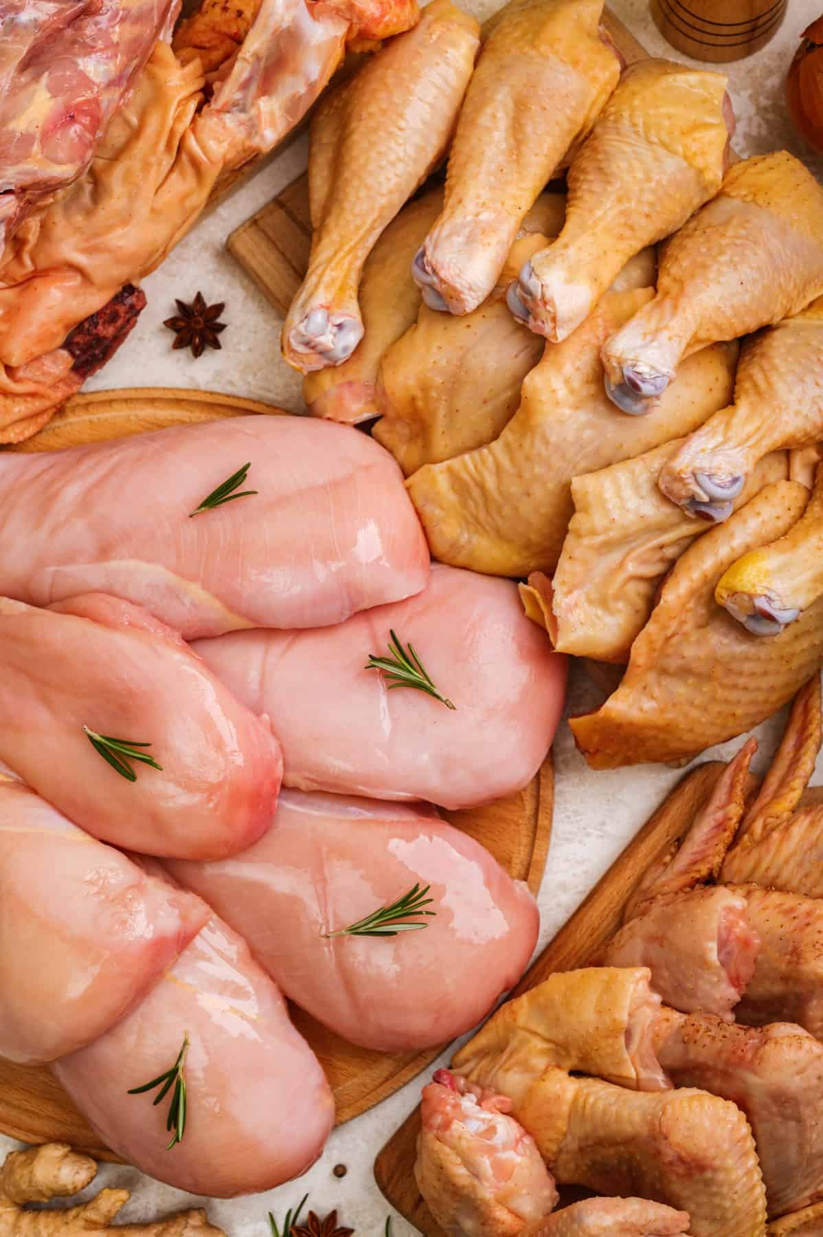 Fresh chicken platter from different parts of chickens - thighs, legs, wings. Assorted raw meat. Fresh farm food.