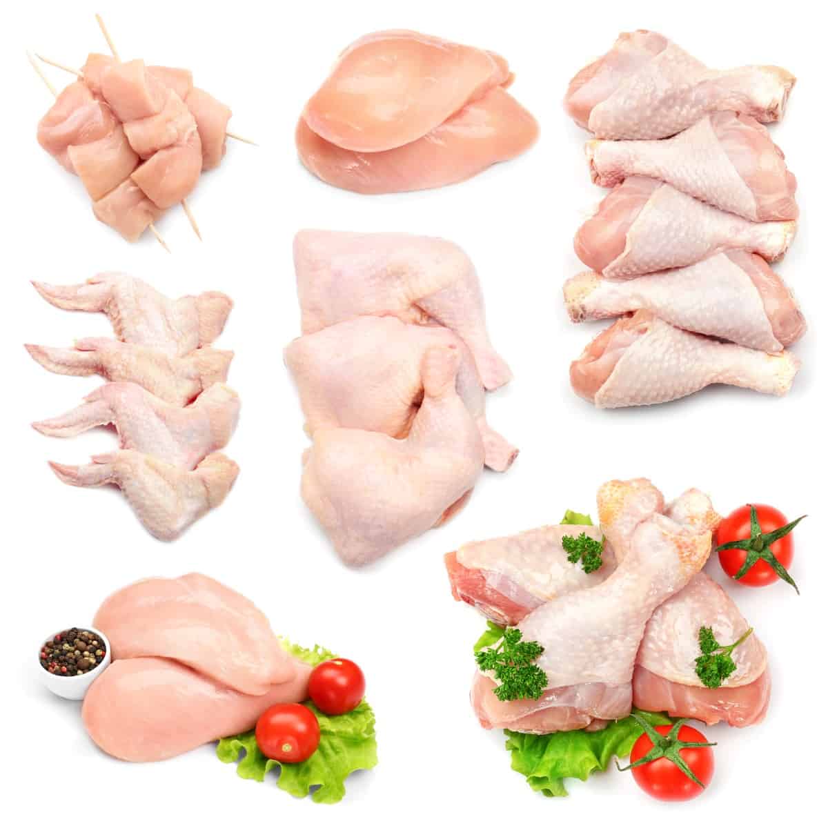 Different parts of raw chicken on white background