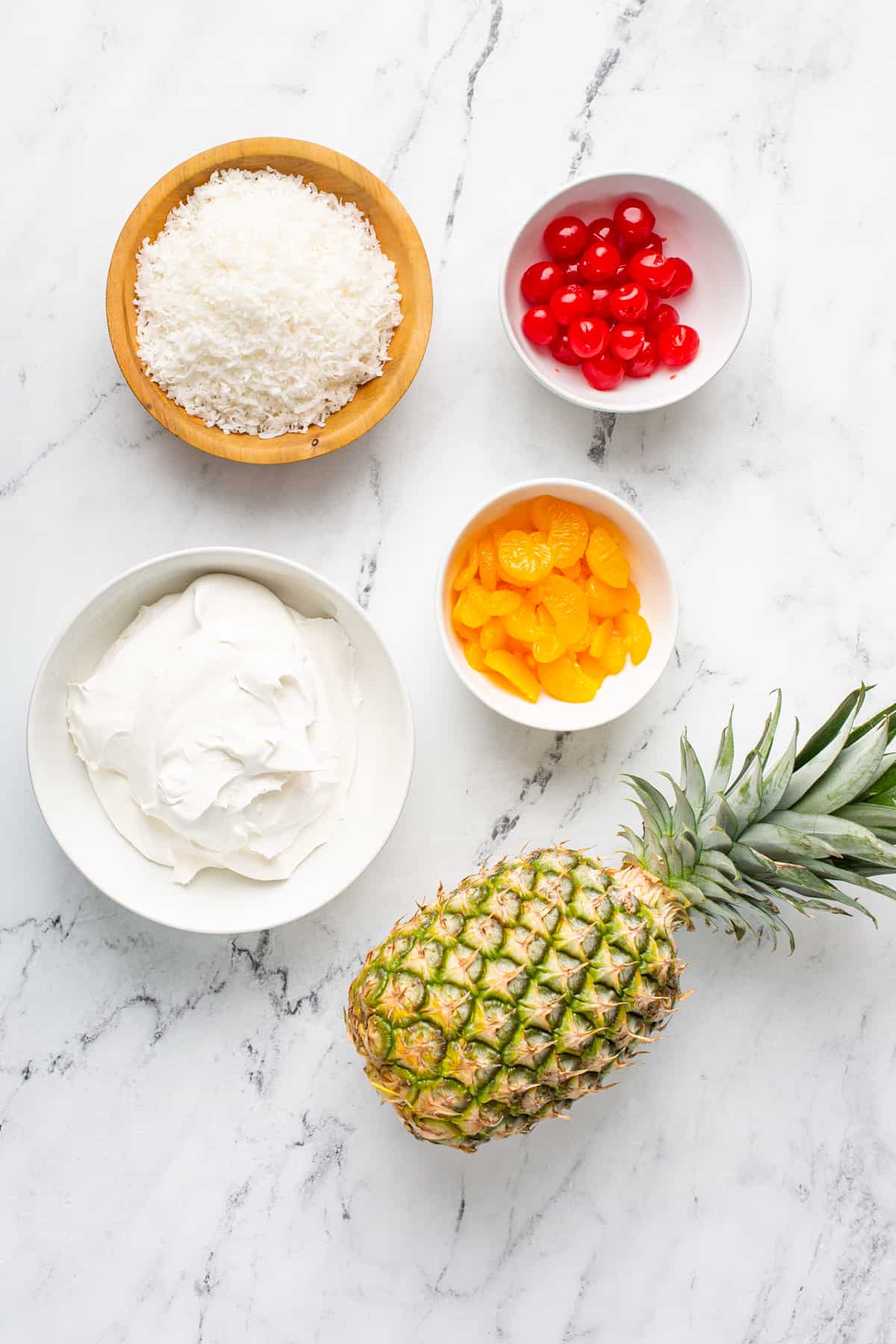 Easy Tropical Fruit Dip Ingredients on a tabletop