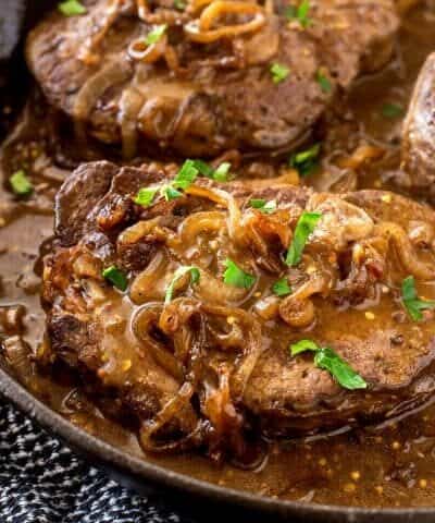 Filet Mignon in a pan with shallot mustard gravy