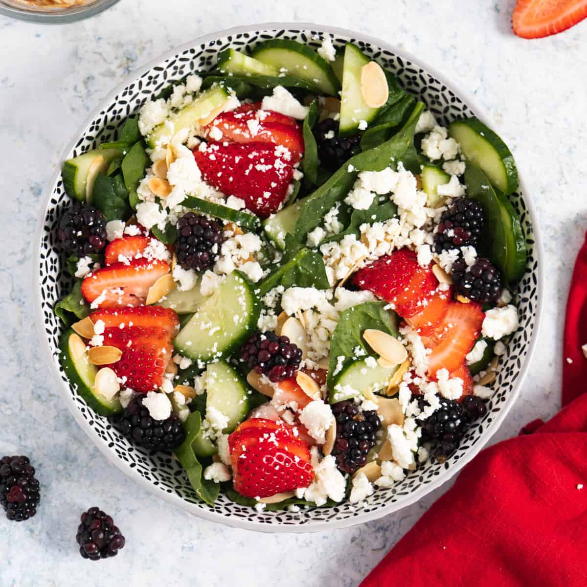 Overhead of Summer Spinach Salad in a bowl. 