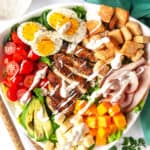 Overhead Chef Salad in a triangle bowl.