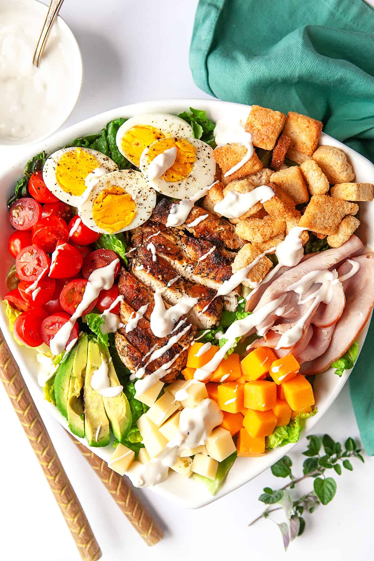 Overhead Chef Salad in a triangle bowl. 