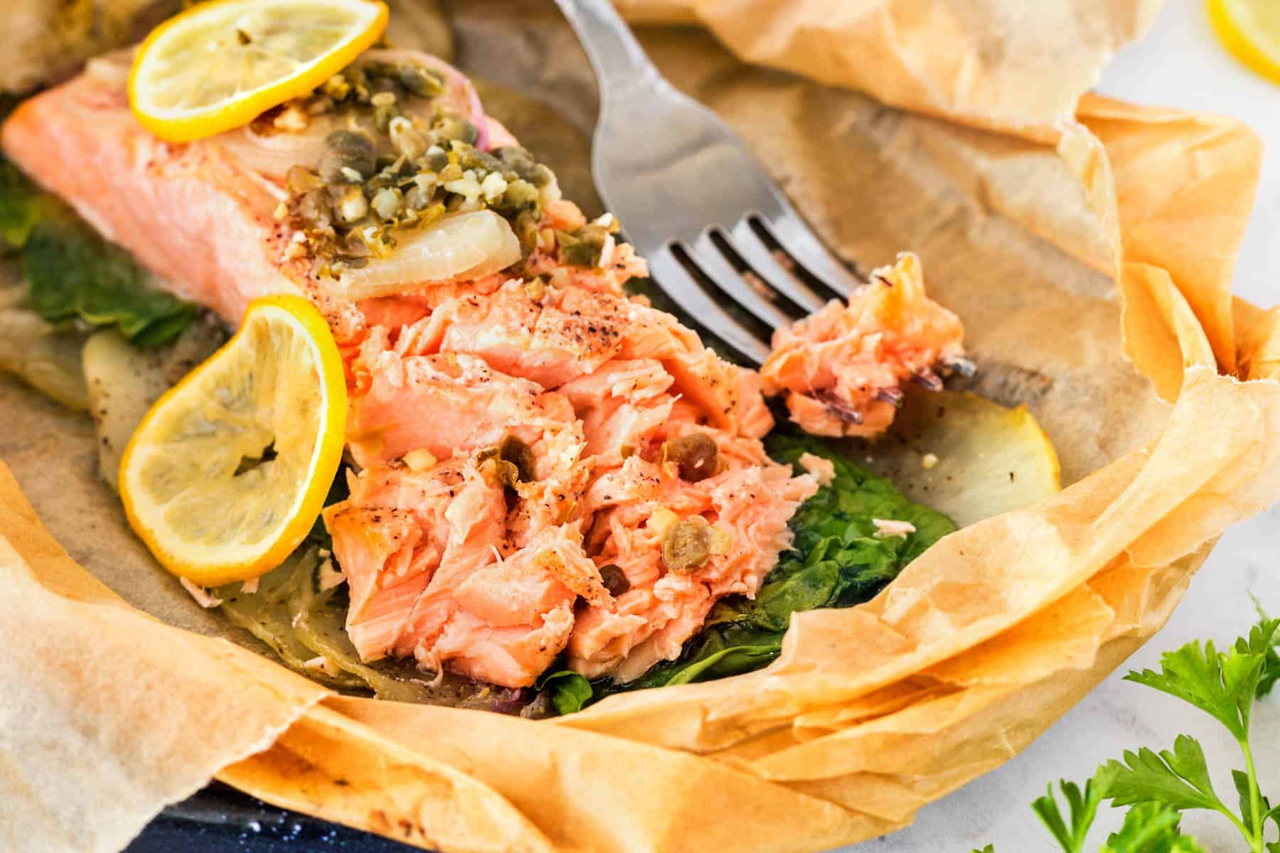 Horizontal of an open salmon packet with a fork. 