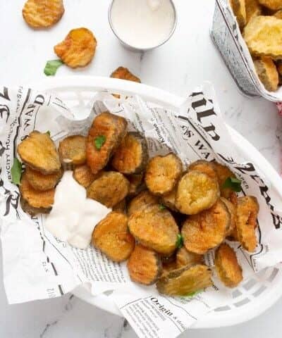 Deep Fried Pickles in a basket shot overhead