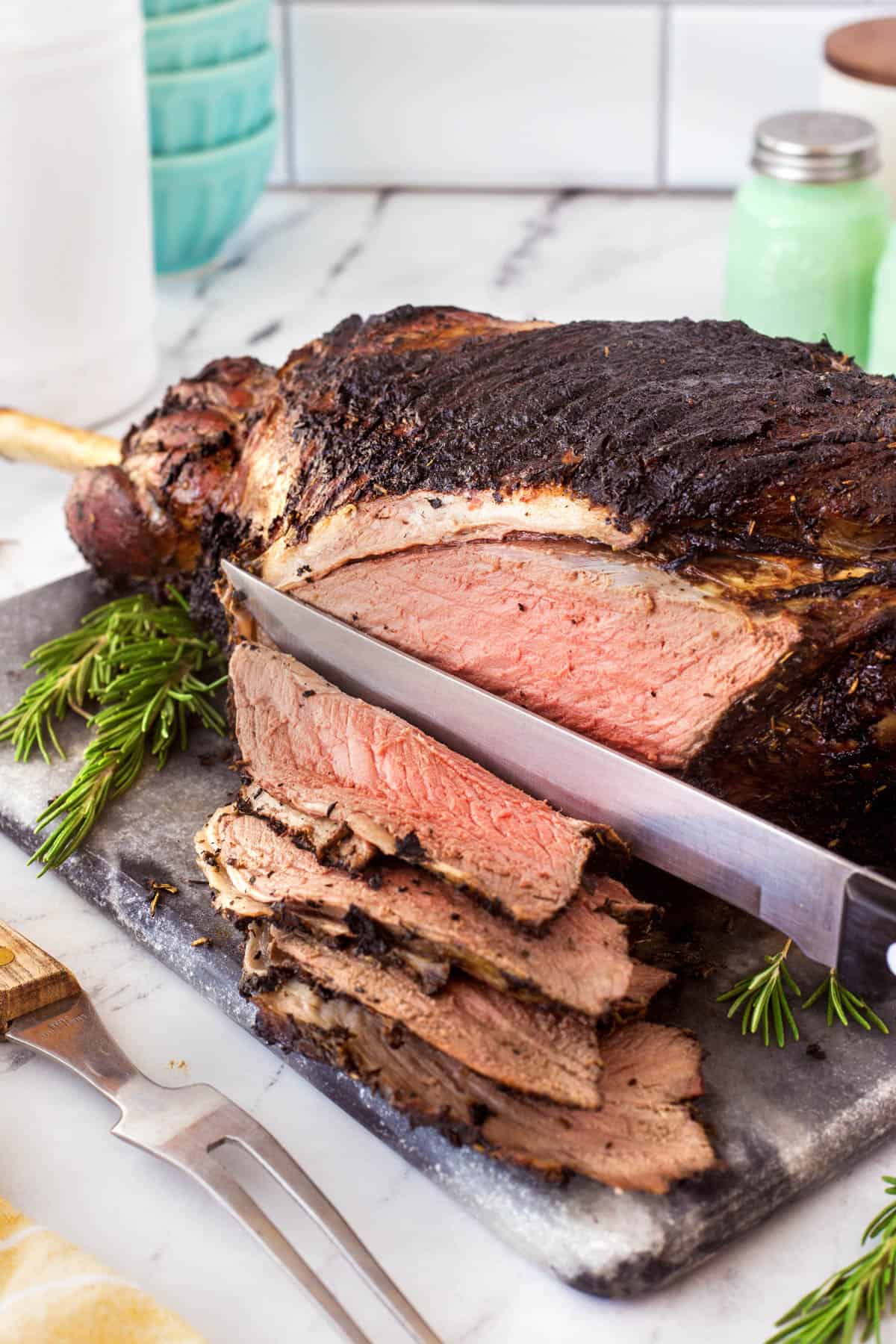 Slicing a gorgeous Herb Crusted Grilled Leg of Lamb. 