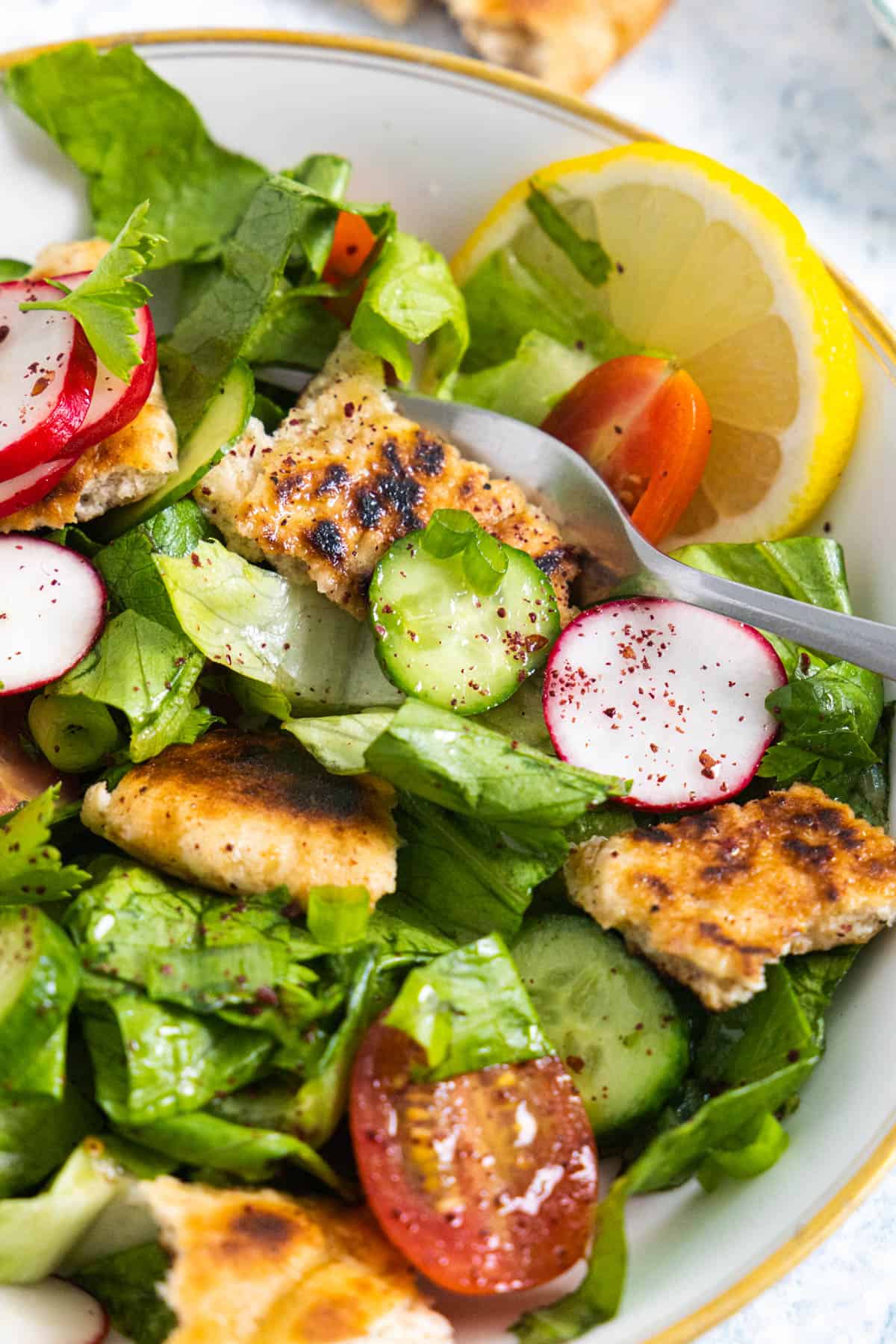 Close-up of Lebanese Fattoush Salad showing sumac on the vegetables. 