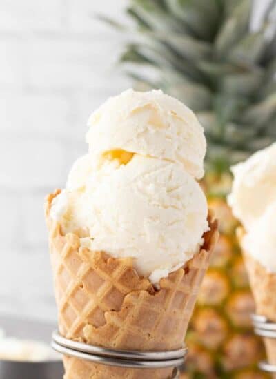 Pineapple Coconut Ice Cream in a cone.