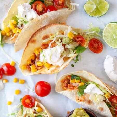 Overhead view of Easy Fast Rotisserie Chicken Tacos