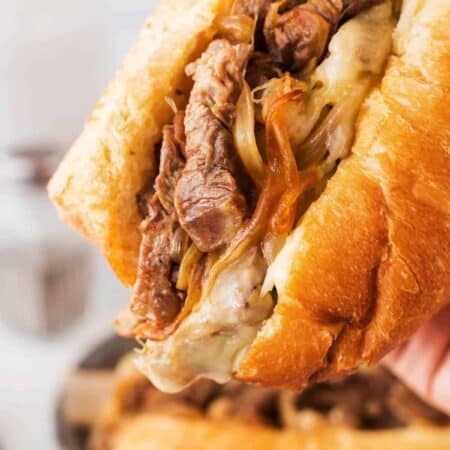Close-up of a best prime rib sandwich.