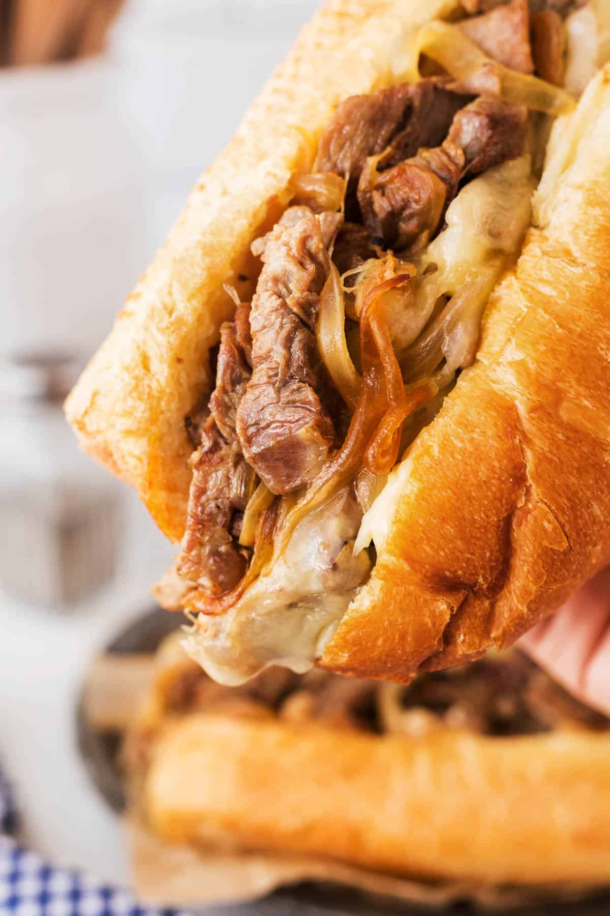 Close-up of a best prime rib sandwich.