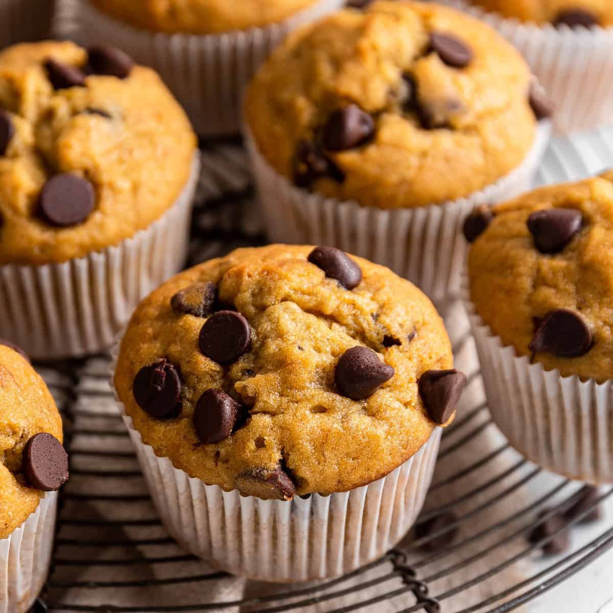 Banana Chocolate Chip Muffins on a cooling rack. 